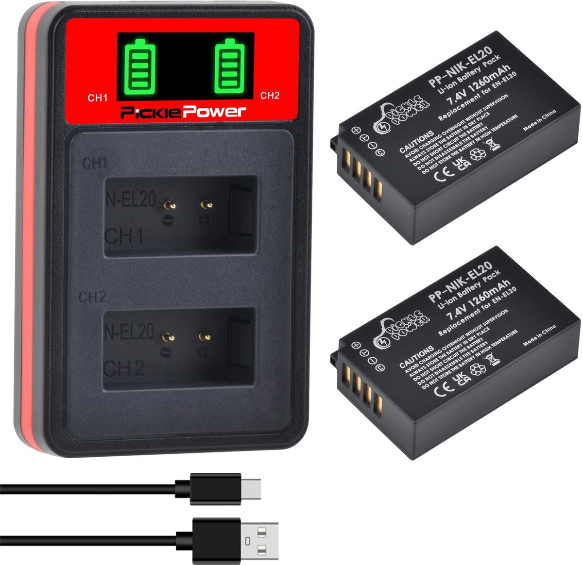 SolidKeus - 2-Pack EN-EL20 Batterijen en LED USB Charger voor Nikon Camera