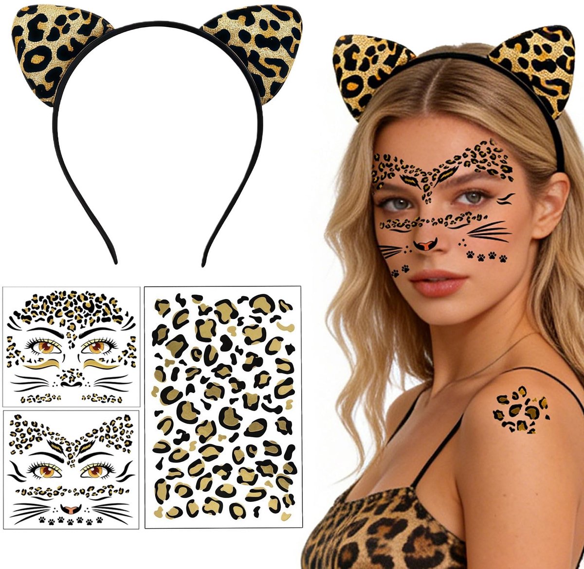 SolidKeus - Leopard Kostuum Set voor Dames met Oren en Tatoeages