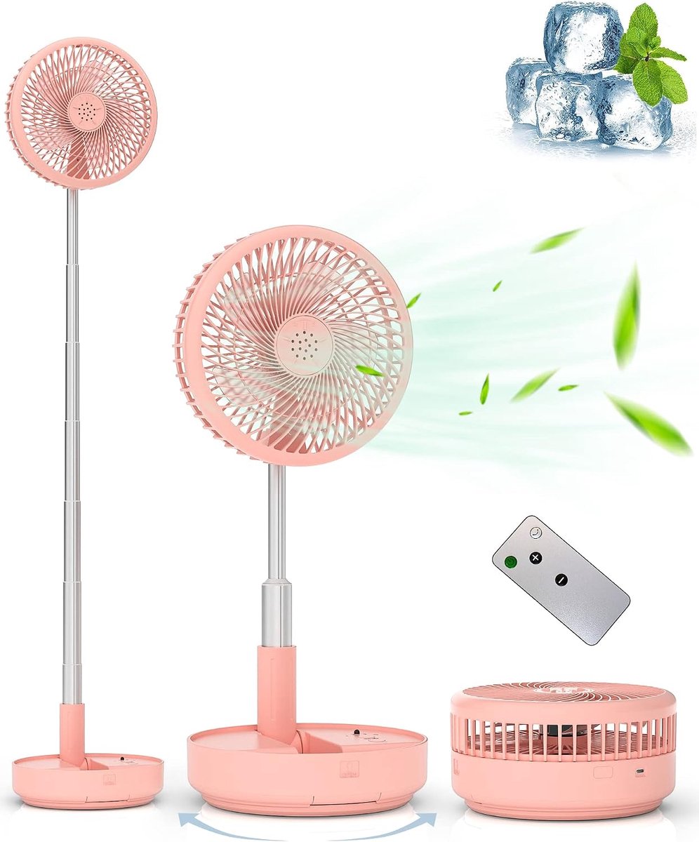 Draagbare reisventilator - Oplaadbare oscillerende ventilator met afstandsbediening - 7200mAh batterij - Opvouwbaar en telescopisch 7.7 inch - Geschikt voor slapen - reizen - kamperen - cruise - hotel en slaapkamer - Roze