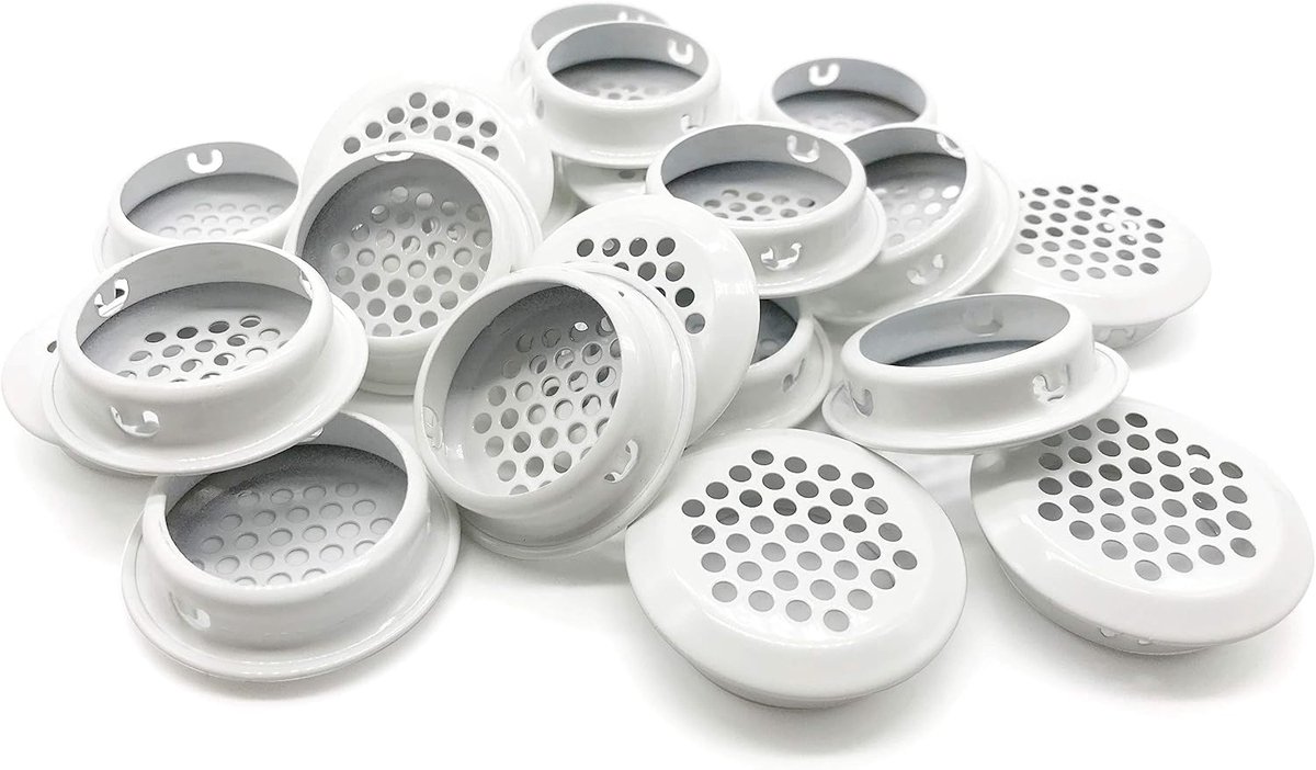 Ronde Ventilatieroosters - 20 Stuks - Ventilatieopening in de behuizing - 25 mm - Roestvrijstaal - Met Gaasgaten - Geschikt voor Keuken, Badkamer en Kast - Wit - Luchtroosters voor Meubels - Eenvoudig te Installeren