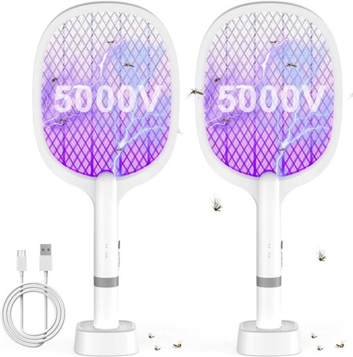 Elektrische insectenmepper (5000 V) - extra krachtige elektrische vliegenmepper (2000 mAh) met USB-C-oplaadstation, 2-in-1 elektrische mepper voor muggen, vliegen en bijen