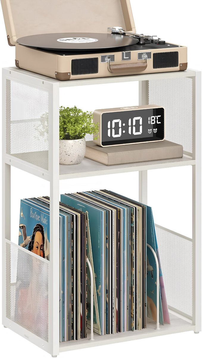 Lìon® Platenspeler Kast - 3 Laags Archiefopslag - Platenstandaard - Wit - 30cm x 43cm x 69cm