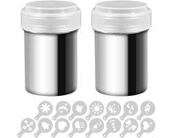 Set van 2 RVS Poeder Shakers met Deksel voor Koffie, Cacao en Kaneelpoeder - Inclusief 16 Stuks Afdrukmal Templates