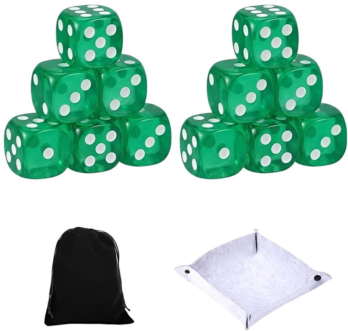SolidKeus - Set van 10 Groene Transparante Dobbelstenen met Vilten Beker