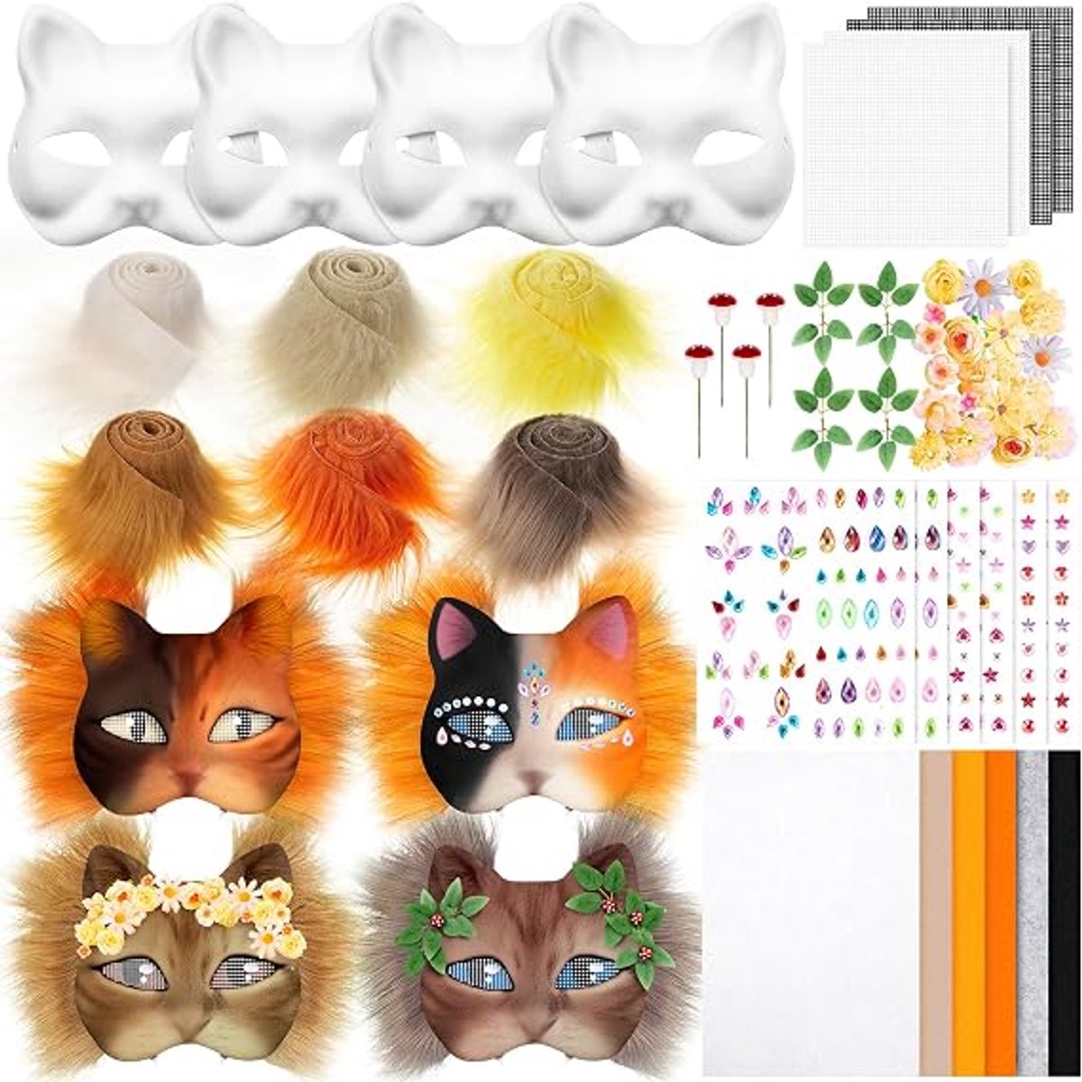 4 DIY Maskerset - Onbewerkte Katten- en Vossenbasis - Met Vilt, Vacht en Ooggaas - Geschikt voor Halloween en Kostuumfeestjes - Creëer je Eigen Dierenmasker - Lichtgewicht en Aanpasbaar - Knutselpakket voor Rollenspel
