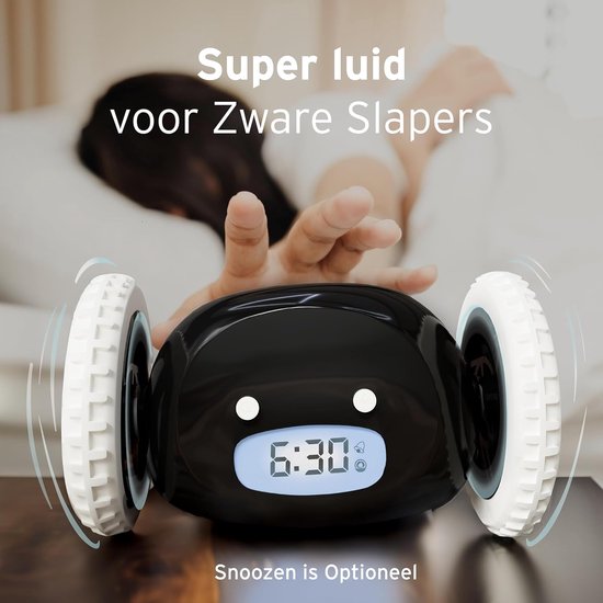 Luide Wekker - Digitale Klok - Diepe Slapers - Rolt en Verdwijnt - 13 x 9 x 9 cm - Zwart — afbeelding 5