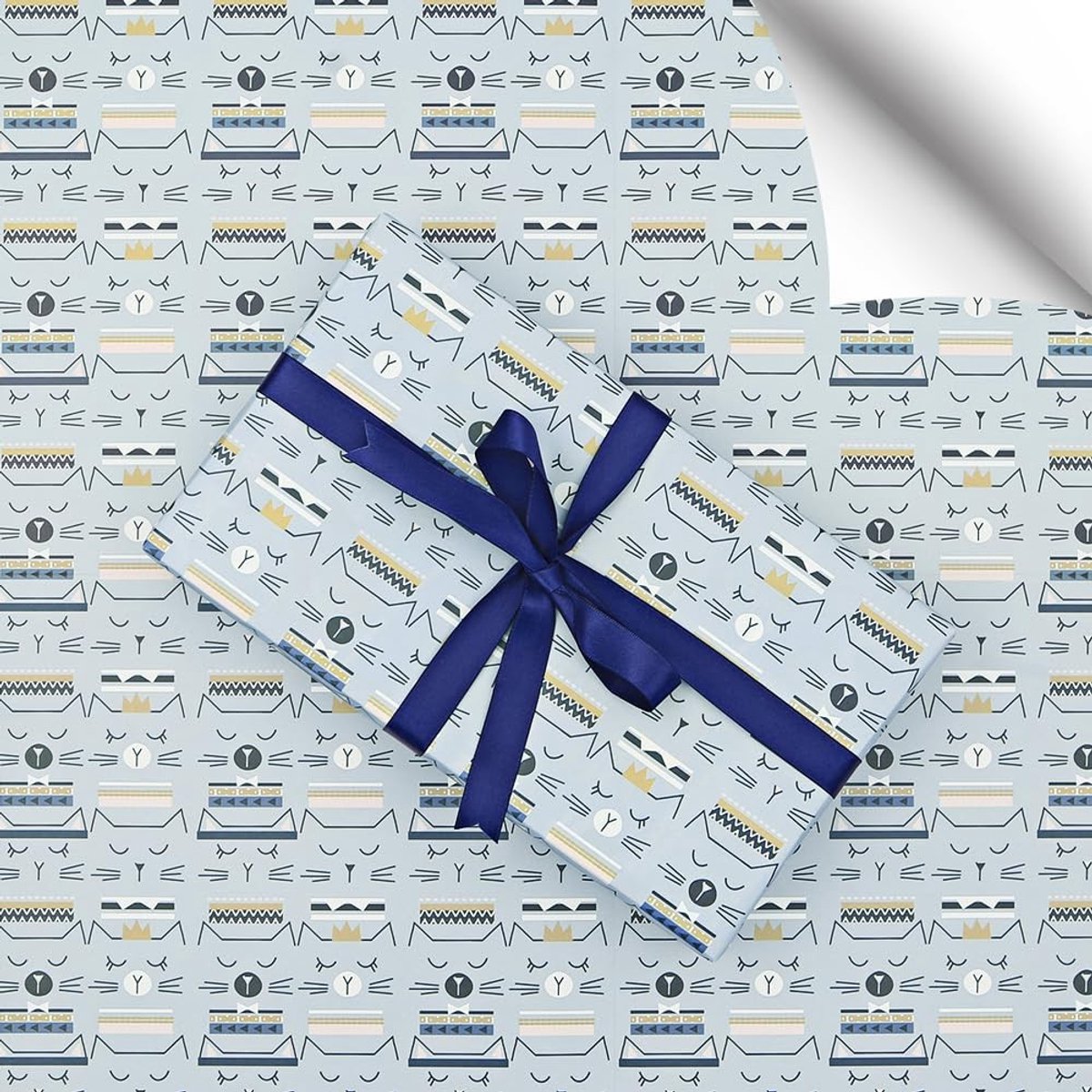 SolidKeus - Kat Cadeau Inpakpapier met Blauw Lint, 4 Vouwbladen