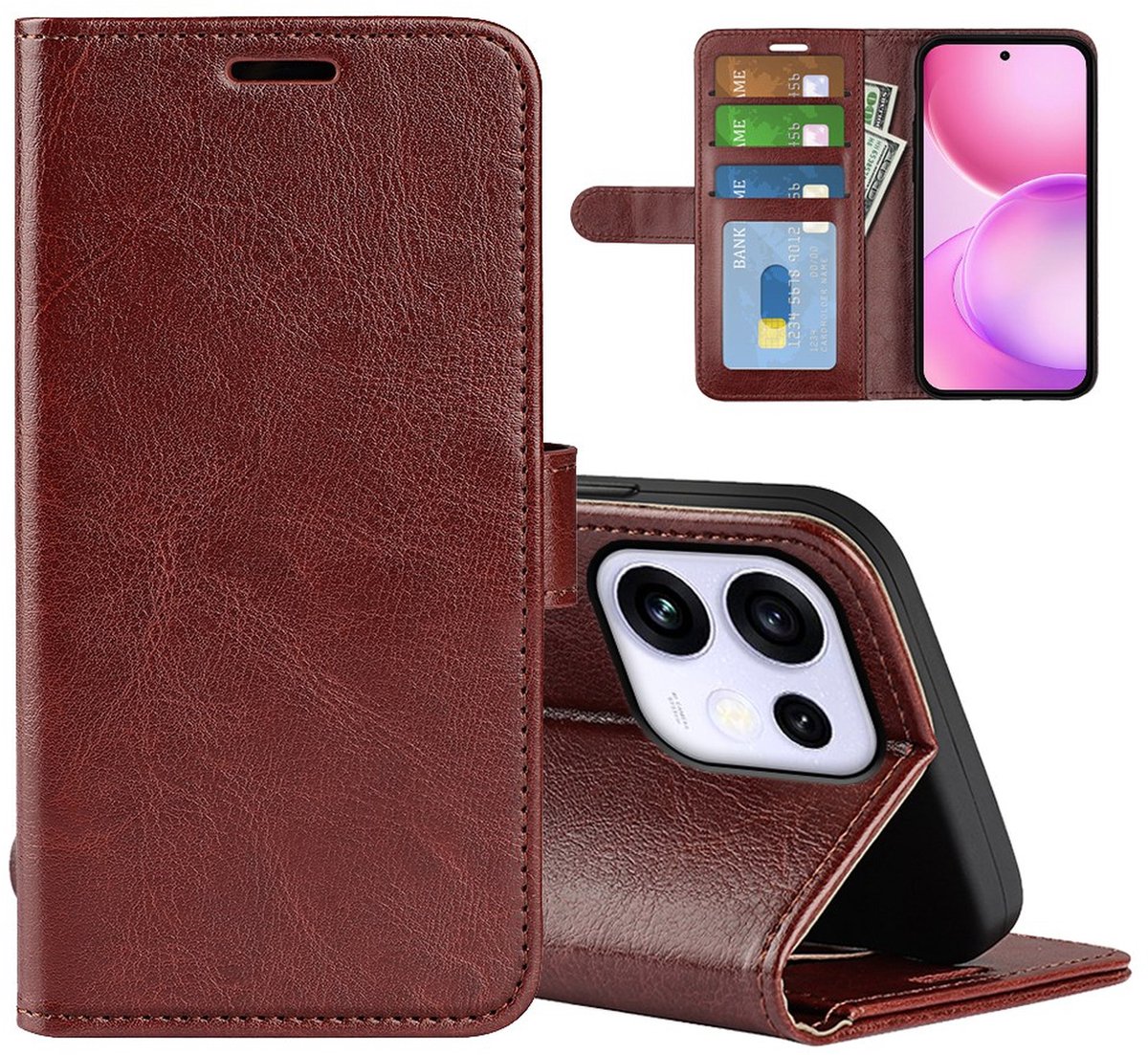 MobyDefend Hoesje - Geschikt voor Oppo Reno16 / 16 Pro - Wallet Book Case (Sluiting Achterkant) - Bruin