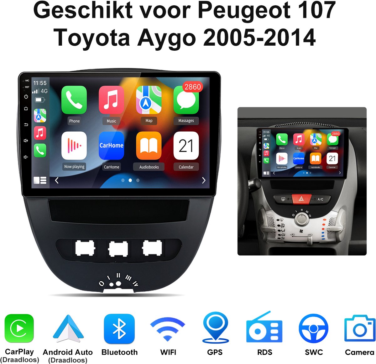 Junsun Autoradio met Draadloos Carplay & Android Auto Geschikt voor Peugeot 107 Toyota Aygo 2005-2014 - GPS-multimedianavigatie - 10 Inch HD IPS Touchscreen - Bluetooth - WiFi - USB - 2+64GB - Plug & Play