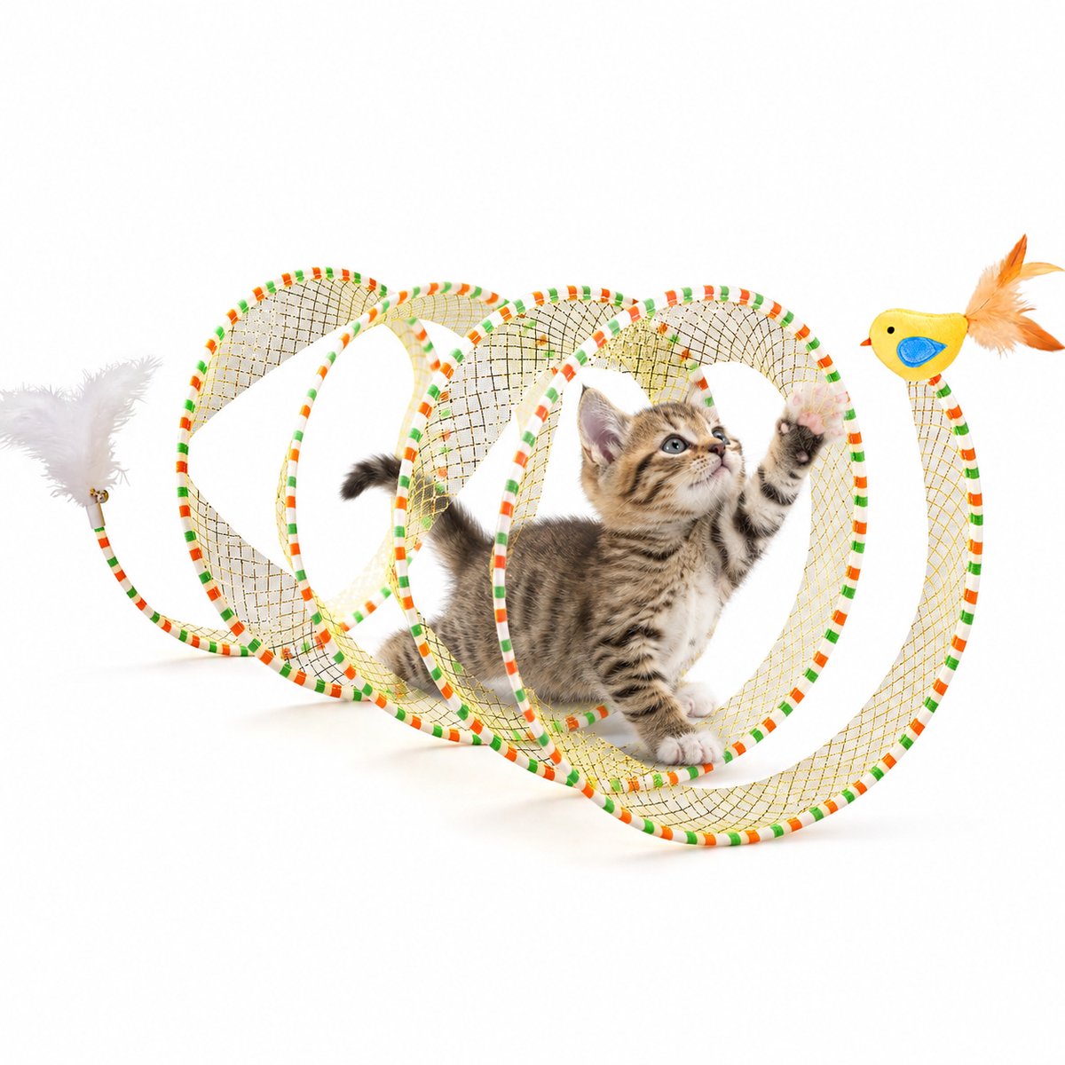Namajunas - kattentunnel - opvouwbaar - kattenspeelgoed - spiraal speeltunnel - 20 × 50 cm - voor binnenkatten en kittens - kleurrijk en interactief - met veer en bel - geel