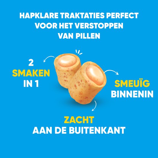 Twee hondenbrokjes, zacht aan de buitenkant, smeuïg van binnen. Perfect om pillen te verstoppen.