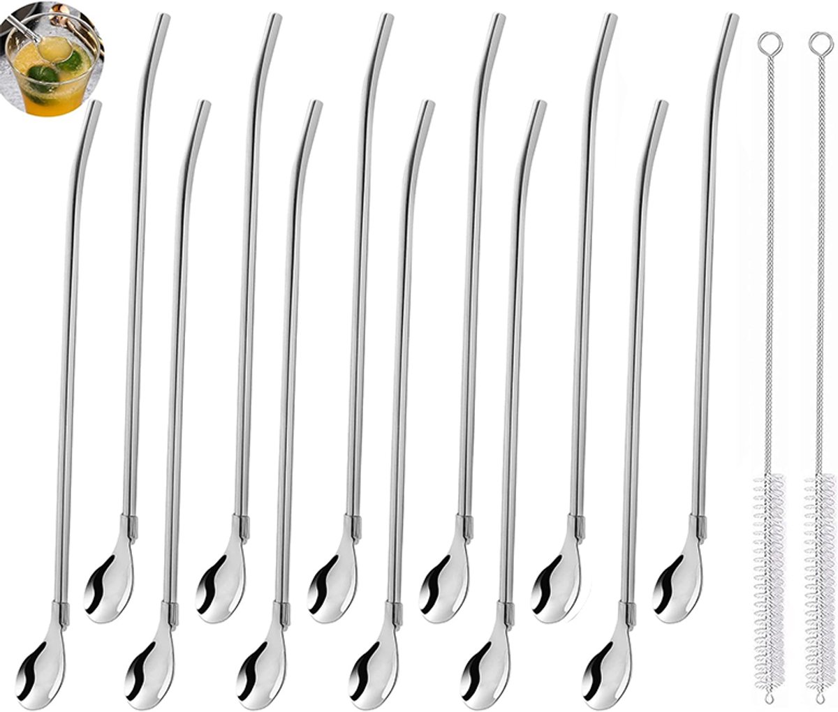 12 x Rietjes en Lepels 2-in-1 Herbruikbaar Roestvrij Staal | Metalen Drinkrietjes, Lepels, Cocktailroerders voor Smoothies, Melk en Cocktails,zilver