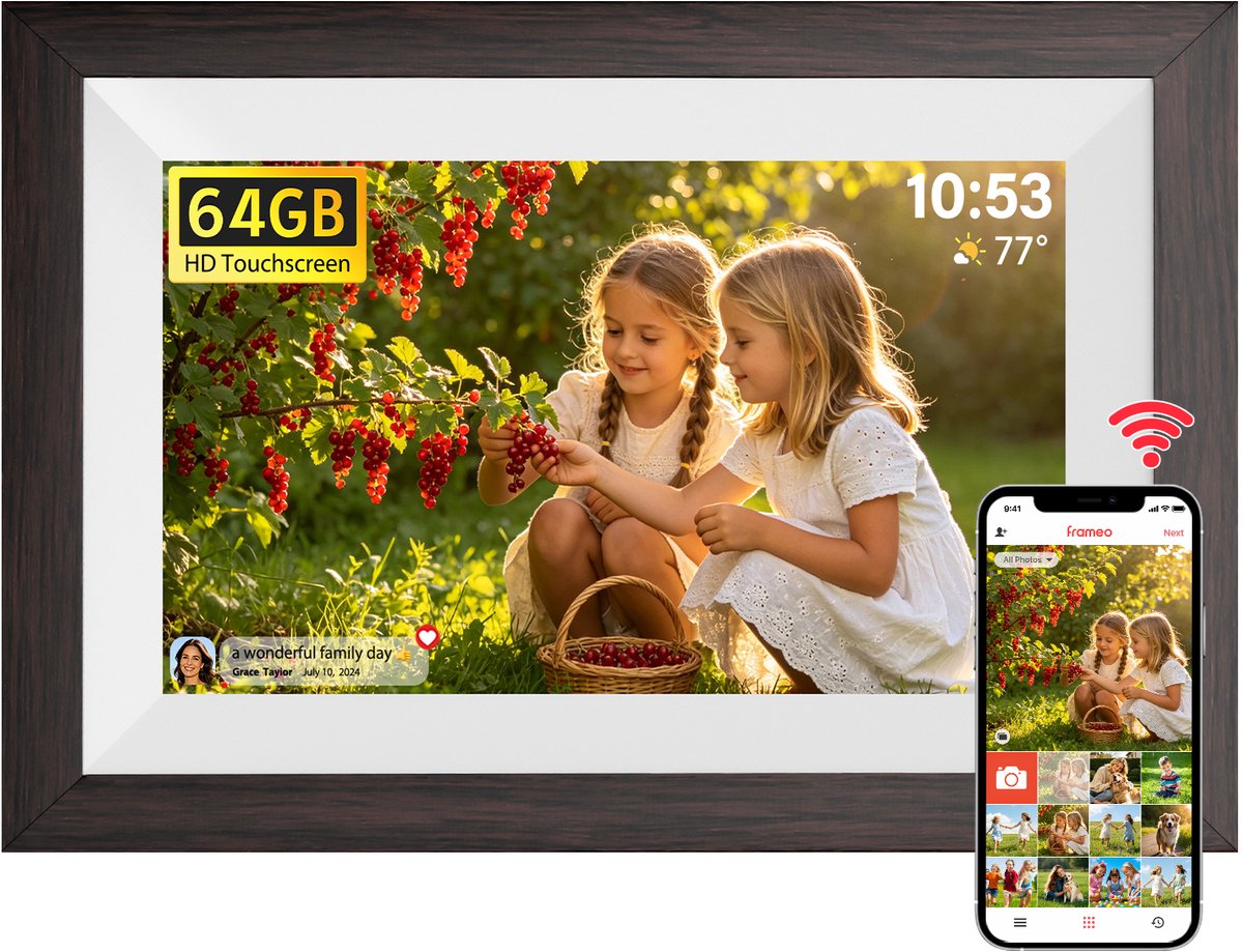 Digitale fotolijst met WiFi en Frameo App - 10.1 inch HD IPS Display - Fotokader met Touchscreen - 64GB Geheugen - Automatische Rotatie & Wandmontage - Houtnerf