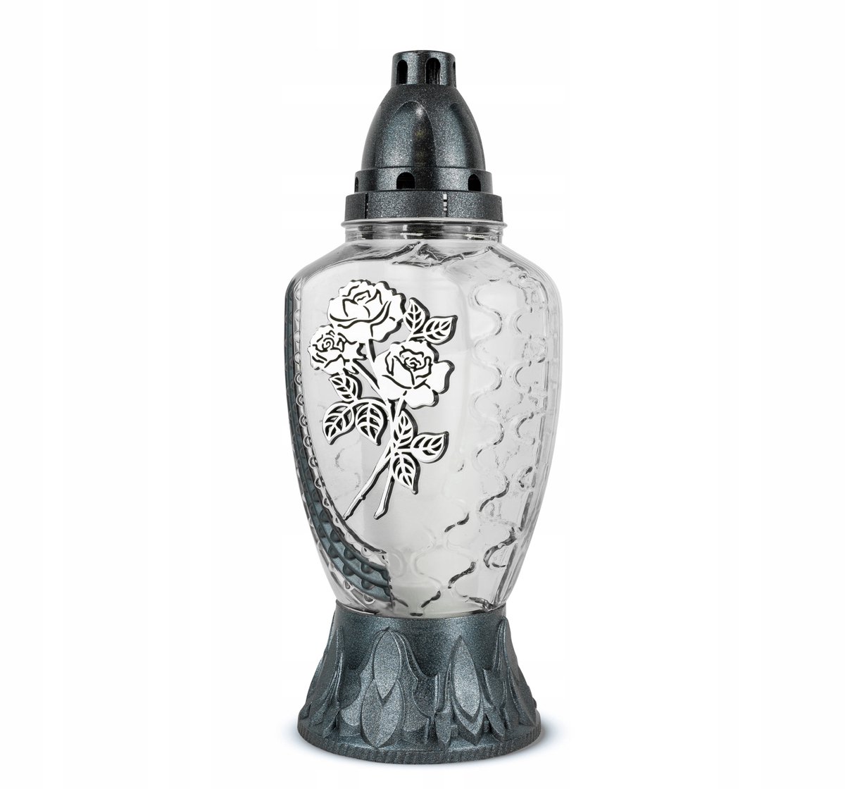 Zilveren Glazen Lantaarn met Roos, 31 cm, Decoratief, Inclusief Pit