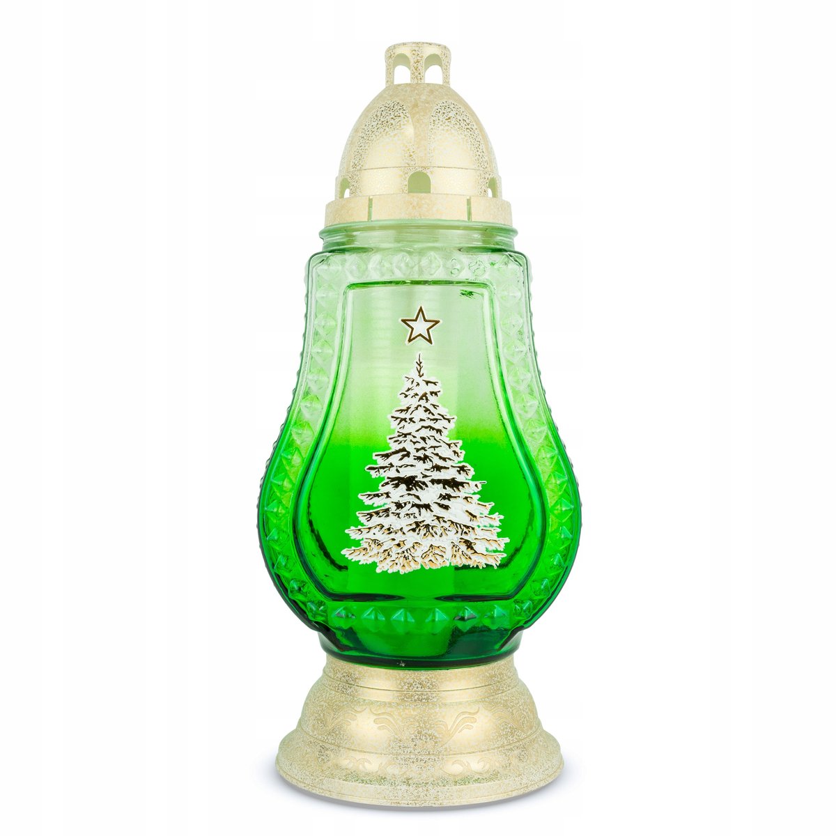 Grote Glazen Kerstboom Lantaarn 38 cm Groen met Brandstof