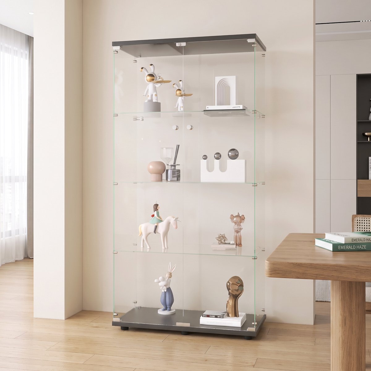 Glazen Vitrinekast, Verzamelkast met 2 Deuren en 4 Planken, Displaykast voor Verzamelaars, Gehard Glas, Vitrinekast voor Woonkamer, Kantoor, Verzamelobjecten, Boeken, Wijn (Zwart)