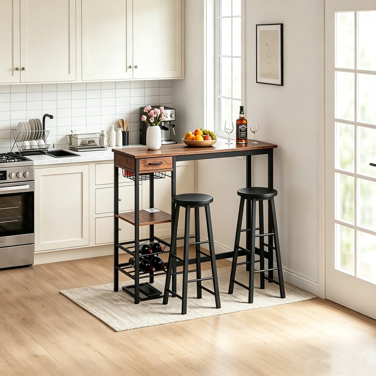 Hoge bartafel 100×40×90 cm, rechthoekig bruin eettafel, metaal‑hout, stoffen lade, houder voor wijnflessen & plank voor wijnglazen, voor keuken woonkamer eetkamer — cadeau in Cadeau-ideeën - foto 2