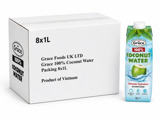 Grace 100% Kokoswater verpakking van 8x1L met afbeelding van een kokosnoot, een blad en de tekst "Ultimate Hydration".