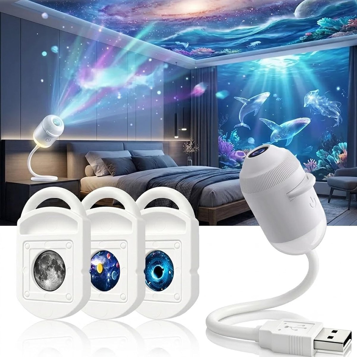 HD 5D holografische sterprojector, 2-in-1 slimme dynamische nachtlamp, USB gevoed met 3 schuifbare projectiefilms, 360° verstelbare kamerverlichting voor slaapkamer, kinderkamer en cadeau | Energieklasse A