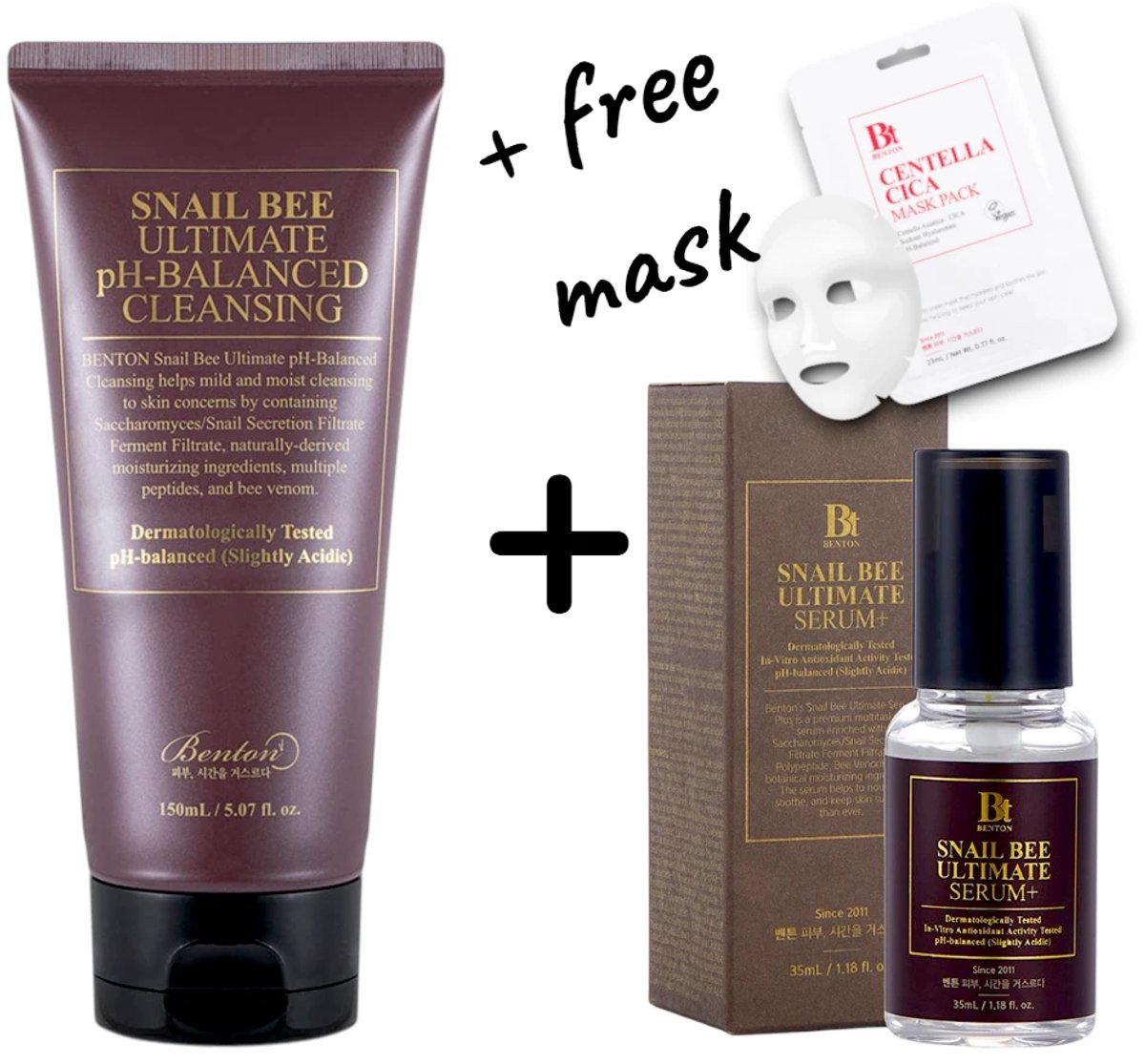 Benton -Snail Bee Ultimate Bundel – Cleanser 150 ml + Serum 35 ml + Gratis Centella Sheet Mask