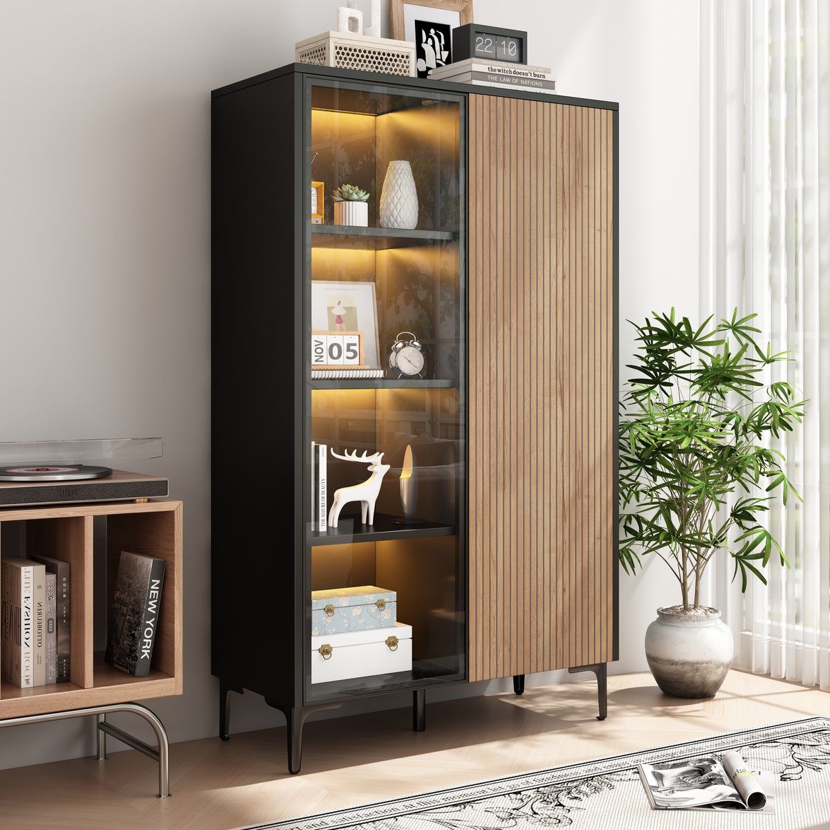 Sweiko Vitrinekast - Dressoir - LED-verlichting - Glazen deuren - MDF - 90 x 40 x 135 cm - Zwart + Naturel houtkleur