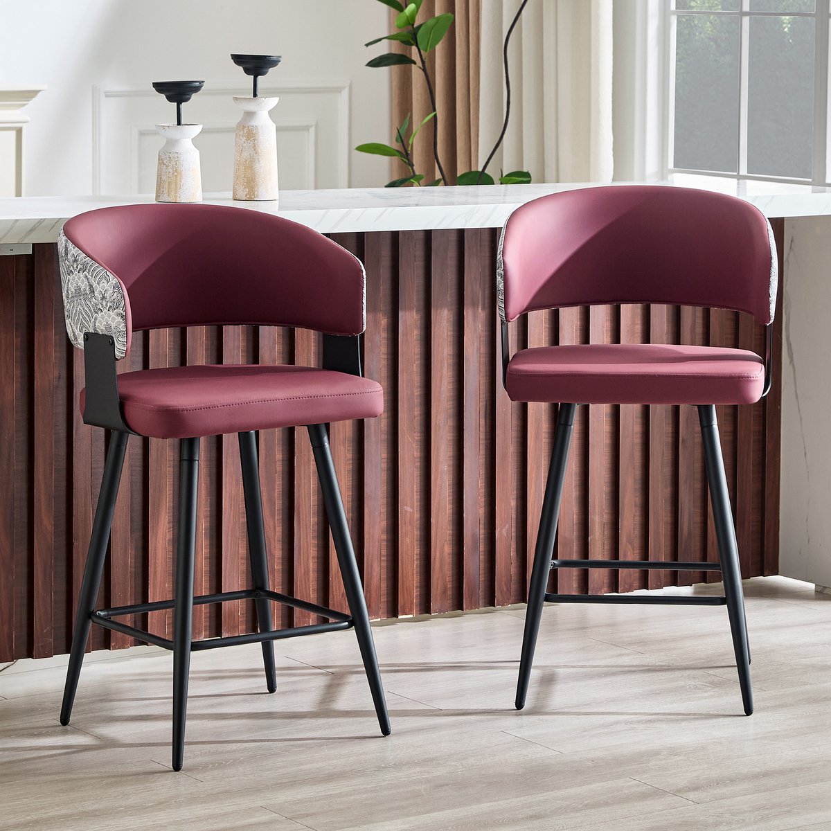 MODENUIT Eetkamerstoel Set van 2 - Kuipstoel met Armleuningen - Voor Eetkamer En Keuken - Kunstleer - Rood