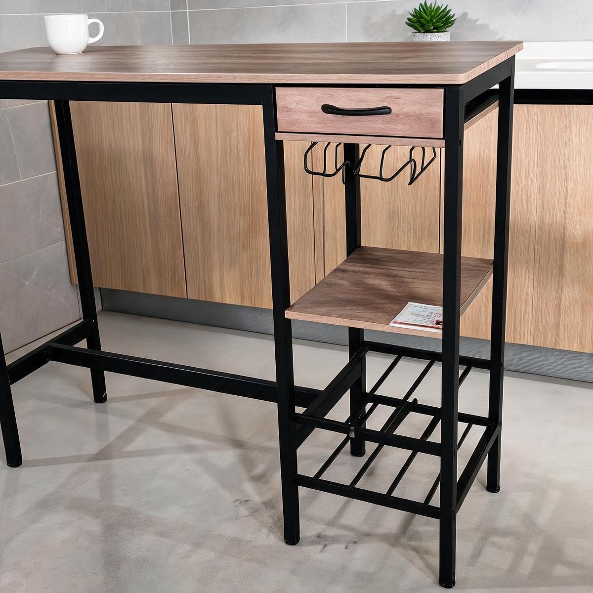 Hoge bartafel 100×40×90 cm, rechthoekig grijs eettafel, metaal‑hout, stoffen lade, houder voor wijnflessen & plank voor wijnglazen, voor keuken woonkamer eetkamer — cadeau in Cadeau-ideeën - foto 3