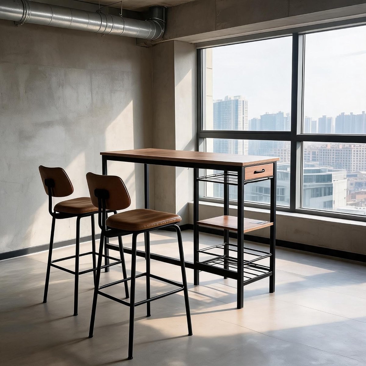 Hoge bartafel 100×40×90 cm, rechthoekig grijs eettafel, metaal‑hout, stoffen lade, houder voor wijnflessen & plank voor wijnglazen, voor keuken woonkamer eetkamer — cadeau in Cadeau-ideeën - foto 4