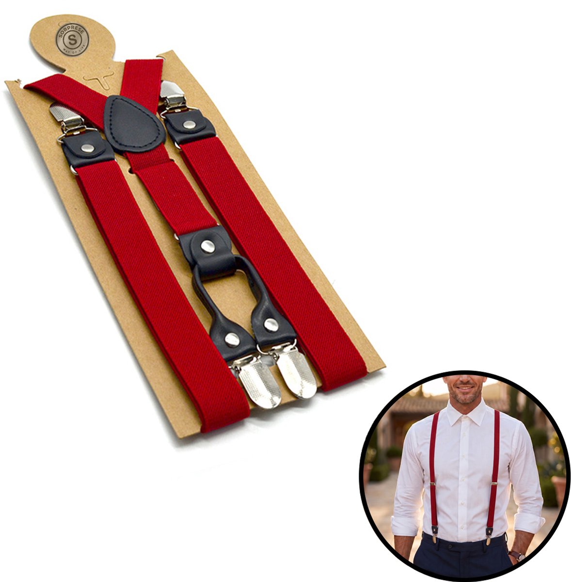 Sorprese Bretels Heren Volwassenen - Rood - Verstelbare Y-Bretels - 2,4 cm - Met Leren Clips - Elastisch - Trouwen, Feest & Zakelijk