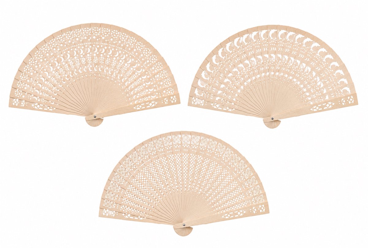 Kaiyaya - set van 3 Spaanse handwaaiers - met kwast en opbergtasje - bamboe-houten frame - 34 cm - voor verkoeling, feest en carnaval