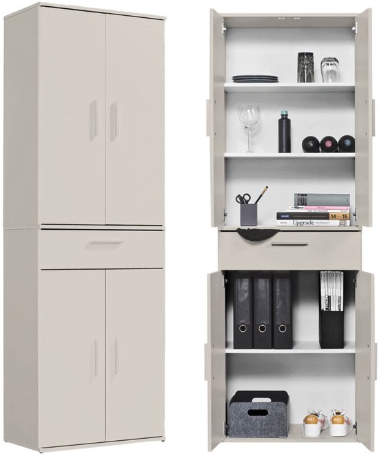 Beige opbergkast, gesloten en open, met daarin glazen, borden, wijnflessen, boeken, mappen en schoenen.