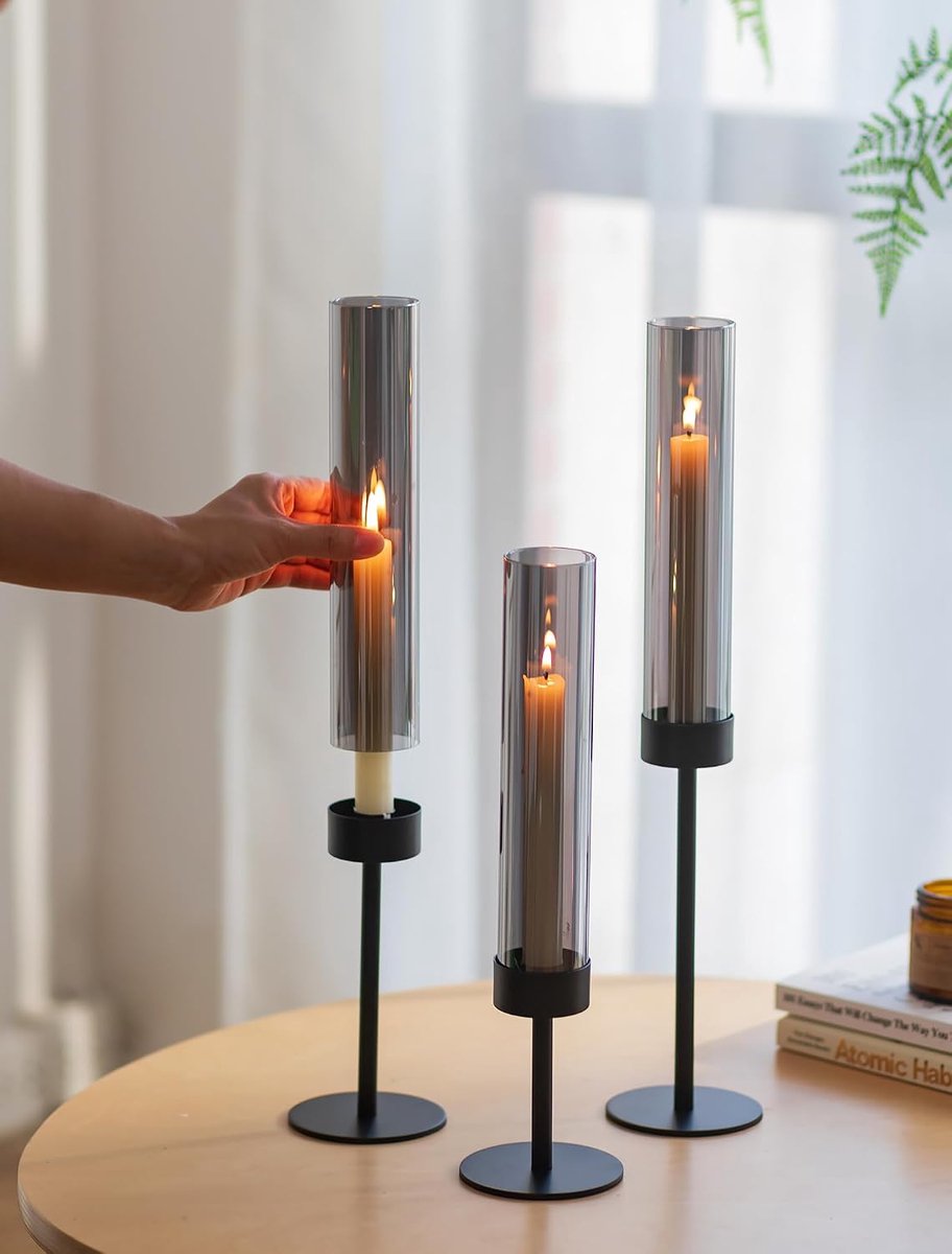 Kandelaar voor Staaskaarsen Zwart met Rookglas: Set van 3 Metalen Kandelaars met Windlicht - Moderne Tafeldecoratie voor Binnen - Buiten - Woonkamer - Kerst – foto 2