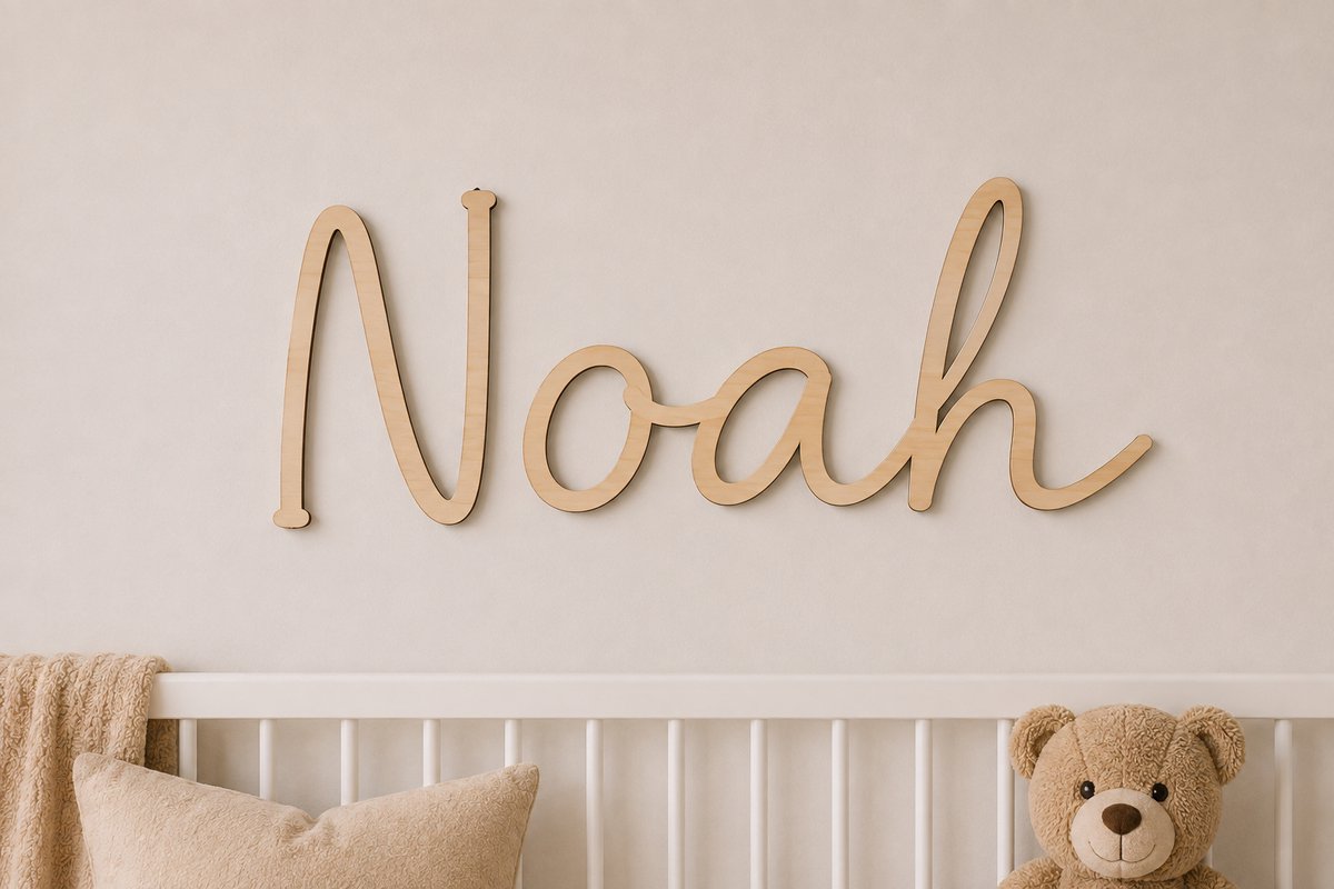 Gepersonaliseerde Houten Naam Muurdecoratie – Sierlijk Lettertype – 50 x 30 cm – 5 mm Multiplex – Babykamer & Kinderkamer