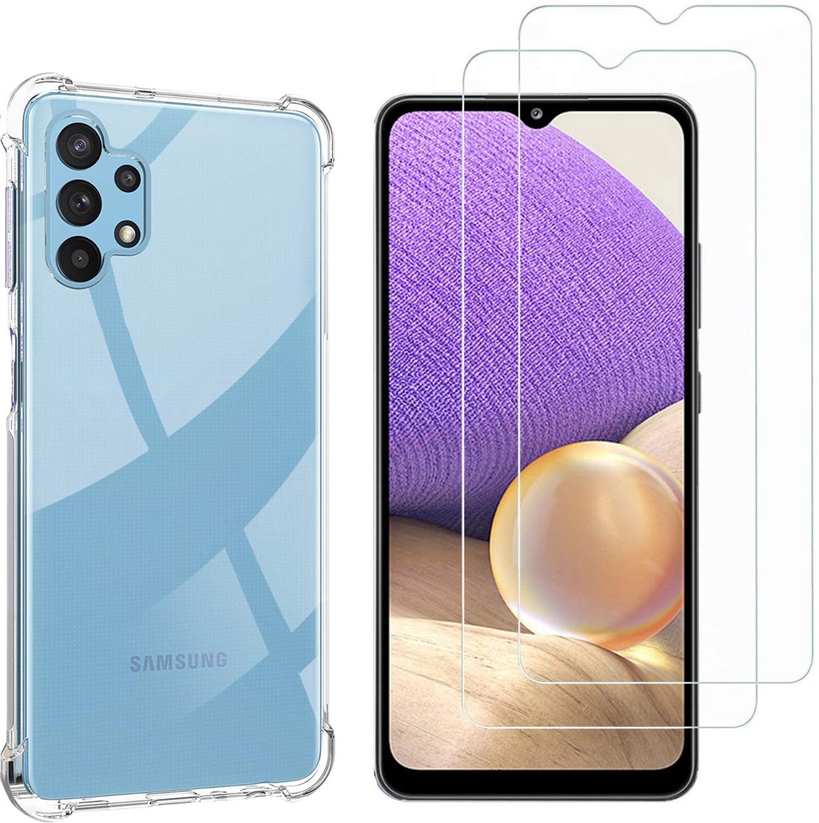 Hoesje geschikt voor Samsung Galaxy A32 4G backcover Shockproof siliconen Transparant en 2 stuks Screenprotector Gehard Glas