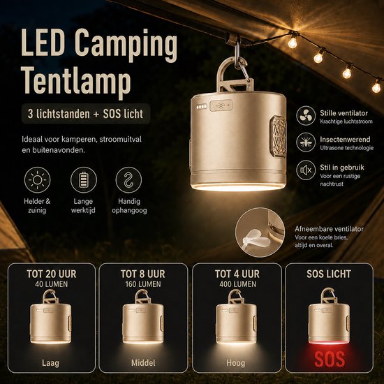 Torngat TentLight Pro LED Campinglamp - USB-C Oplaadbare Tentlamp & Noodlamp met Ventilator, SOS-Licht, Powerbank en Ultrasone Functie - Voor Camping, Tent, Caravan, Auto, Tuin & Stroomuitval - 1200mAh - Champagne Goud — afbeelding 4