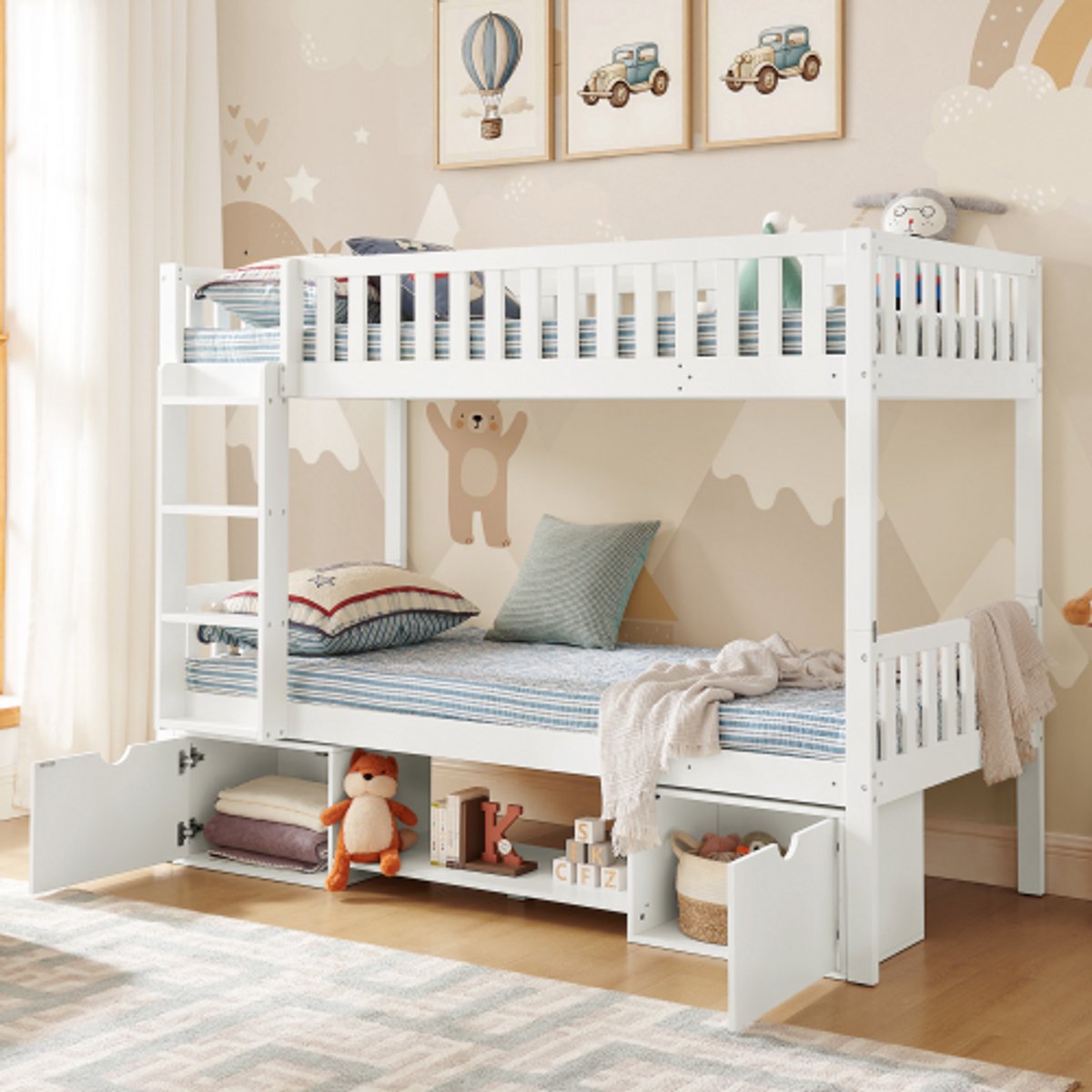 Massief grenenhouten kinderdubbelbed 90x200cm – ombouwbaar tot 2 bedden, met hekjes, laden & ladder, wit (zonder matras)