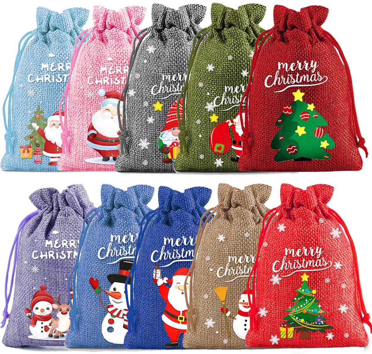 Kerst Cadeauzakjes – Jute Kerstzakjes met Trekkoord – Herbruikbare Snoepzakjes met Kerstprint – Feestelijke Geschenkzakjes voor Kinderen & Kerstdecoratie – 10 Stuks