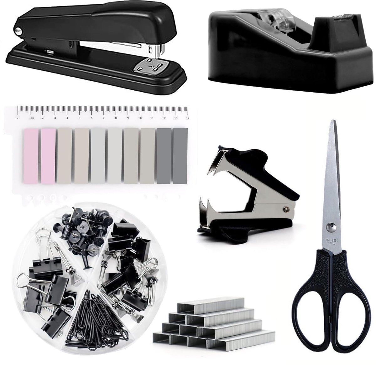 Bureau Accessoires Set – Bureau Organizer Set – Zwart – Inclusief Nietmachine, Plakbandhouder, Ontnieter, Nietjes, Schaar, Paperclips, Punaises & Paginamarkers – Voor Kantoor, School & Thuis – Complete Bureau Accessoires Set