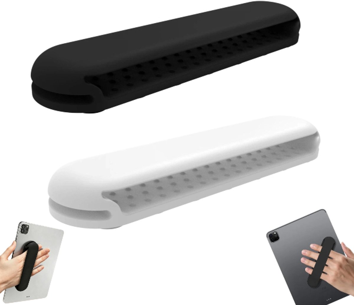 Set van 2 - Tablethouder met handgreep voor één hand - Standaard voor één hand - Antislip polssteun - Zwart, Wit - 1,75*14,5 cm - Lichtgewicht en draagbaar - Geschikt voor tablets en e-readers - Hecht stevig aan glas, tegels en metalen oppervlakken