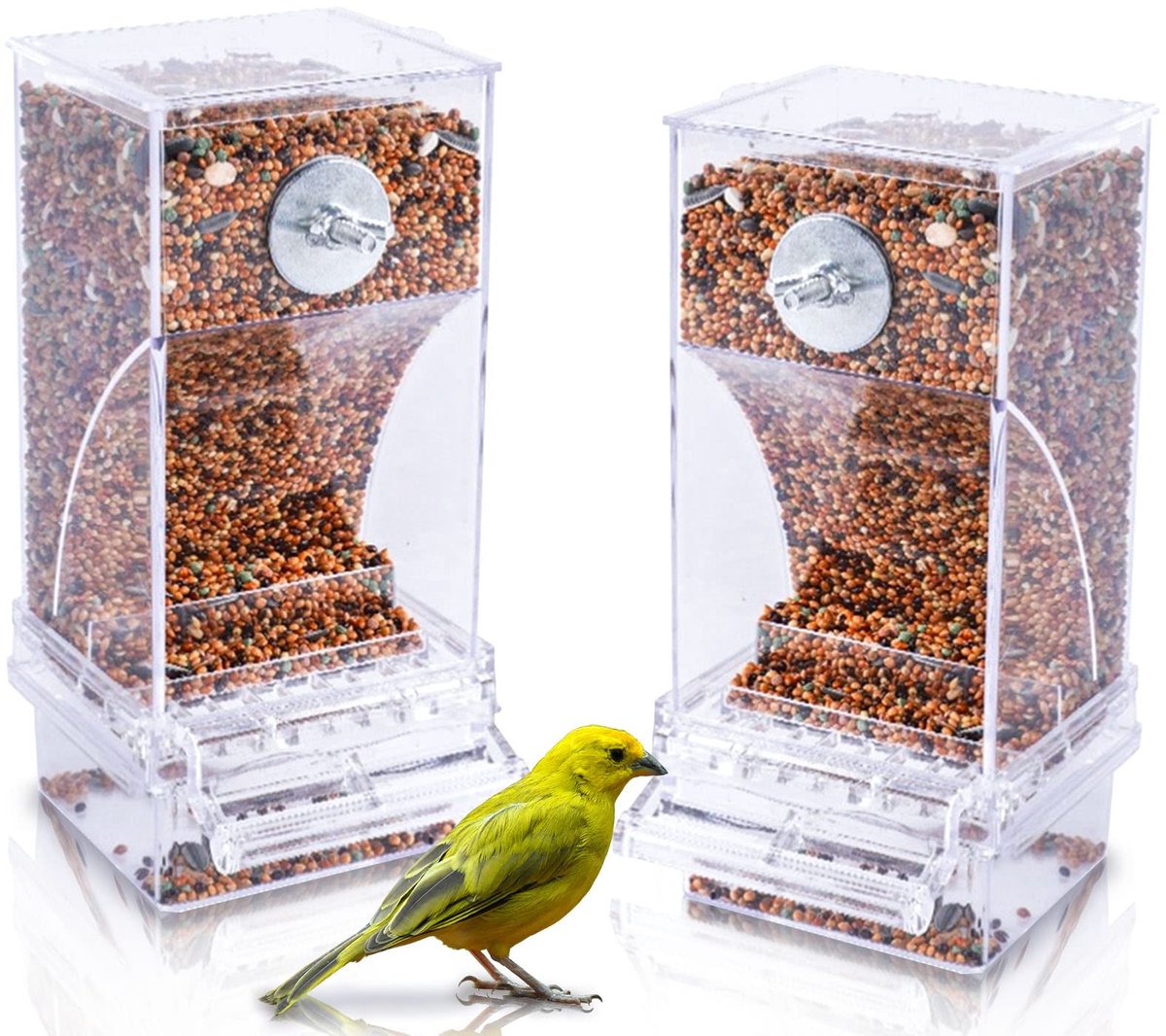 Set van 2 Automatische vogelvoerders - transparant acryl automatische zaadhouder met zitstok kooiaccessoire geschikt voor kleine en middelgrote parkieten en liefdesvogels