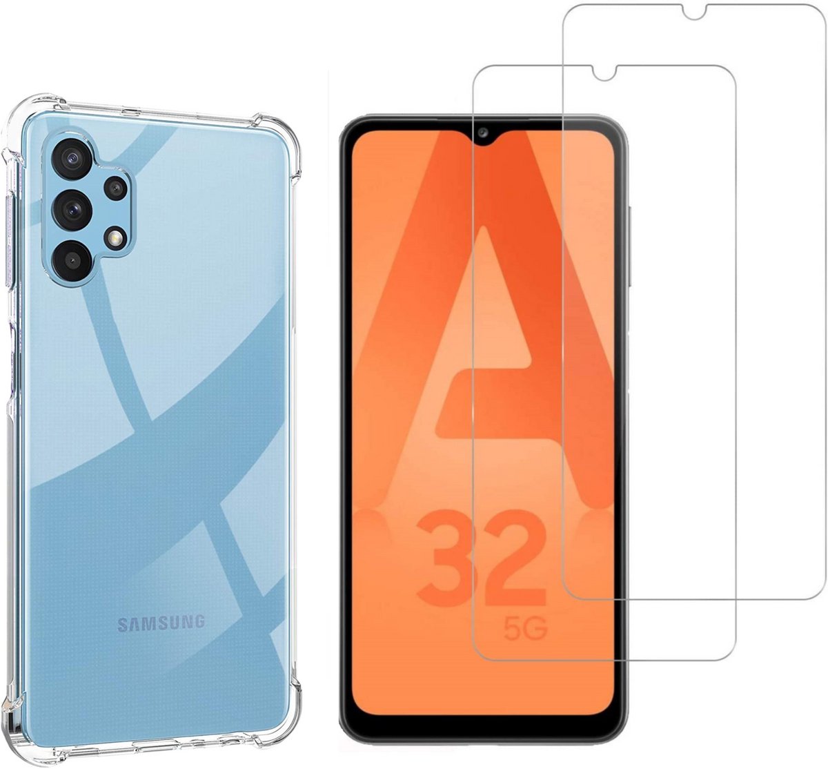 Hoesje geschikt voor Samsung Galaxy A32 5G backcover Shockproof siliconen Transparant en 2 stuks Screenprotector Gehard Glas
