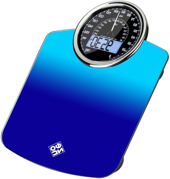 Balance personnelle bleu dégradé avec un bord argenté autour du cadran analogique et un écran numérique affichant 22.30 kg.