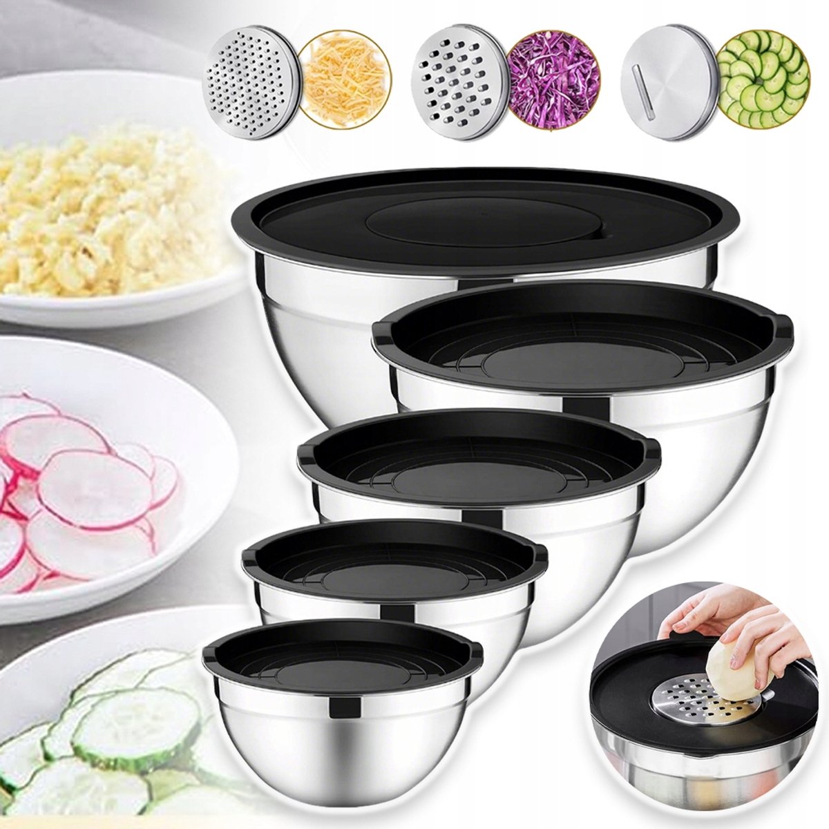 Set Van 5 Stapelbare Roestvrijstalen Kommen - 4,5L, 2,7L, 1,6L, 1,1L, 0,7L - Vaatwasmachinebestendig Duurzaam - Perfect Voor Het Bereiden Van Maaltijden En Het Organiseren Van De Keuken