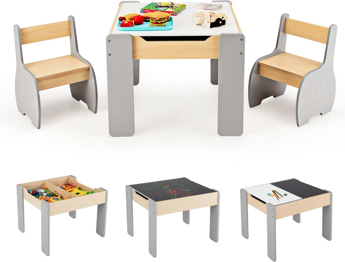 COSTWAY Kindertafel met 2 stoelen, 3-delige kinderzitgroep van hout met omkeerbaar en afneembaar tafelblad, schildertafel voor kinderen met opbergruimte, kindermeubel, zitgroep voor kinderen vanaf 3