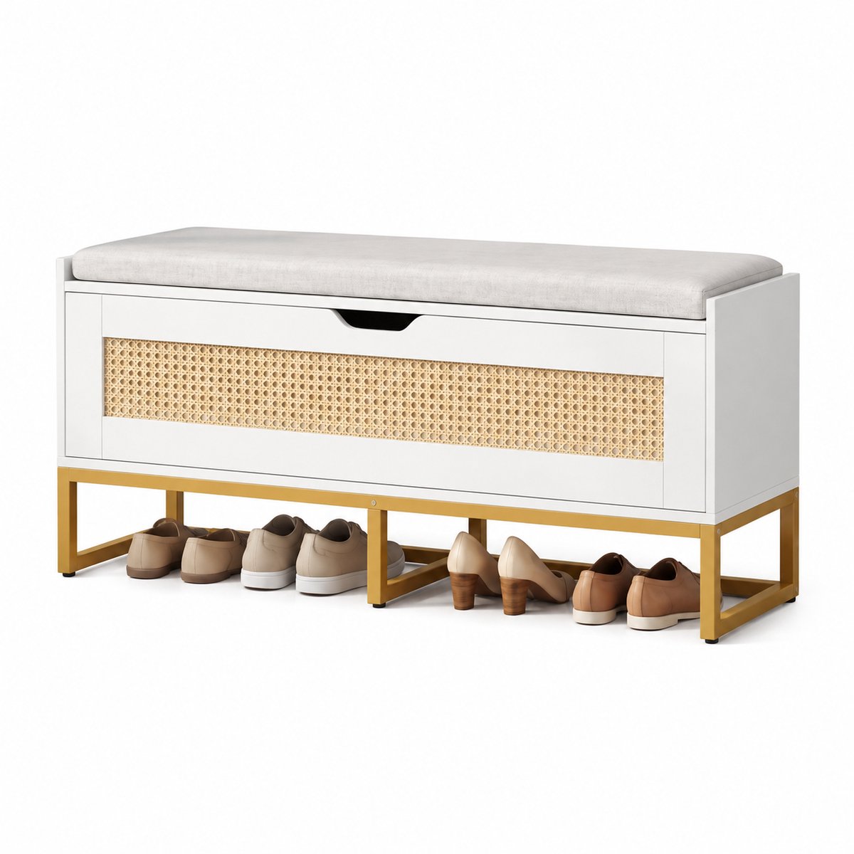 Home & Beyond® Schoenenbank met Opbergruimte - Entreebank met Zitkussen - Opbergbank Hal - Schoenenkast met Klapdeksel en Rotanlook - Wit - 100x35x44 cm