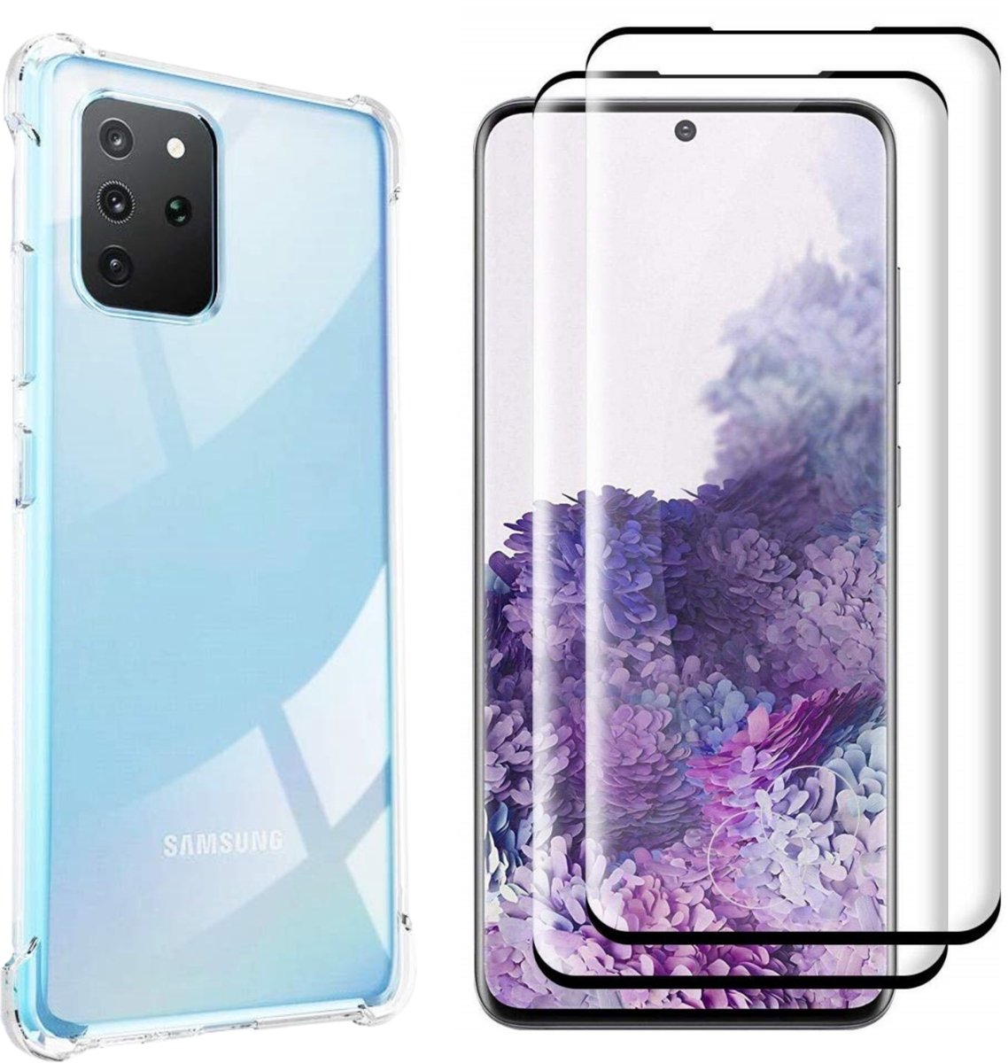 Hoesje geschikt voor Samsung Galaxy S20 Plus backcover Shockproof siliconen Transparant en 2 stuks Screenprotector Gehard Glas Zwart