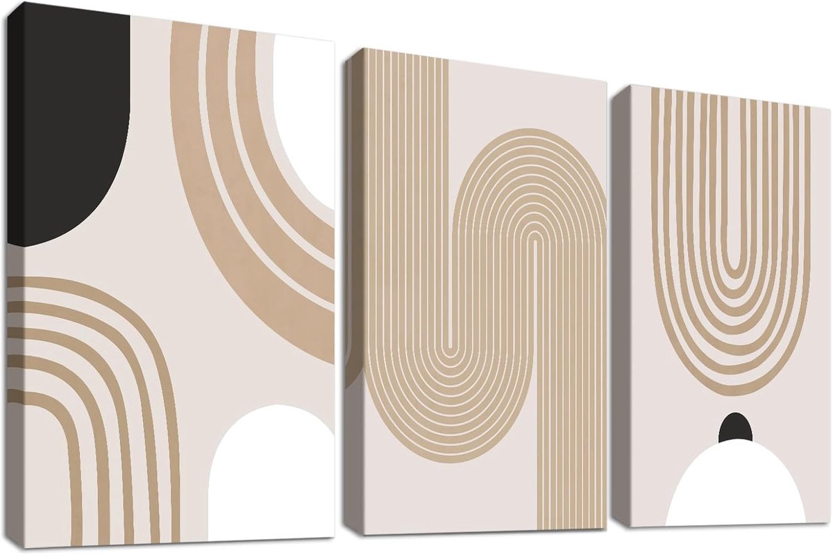 3 Houten ingelijste wanddecoraties, canvas afdrukken, boho minimalistisch abstract schilderij, karamel beige, mid-eeuws geometrische foto’s voor woonkamer, slaapkamer, badkamer, 50 x 70 cm x 3 stuks