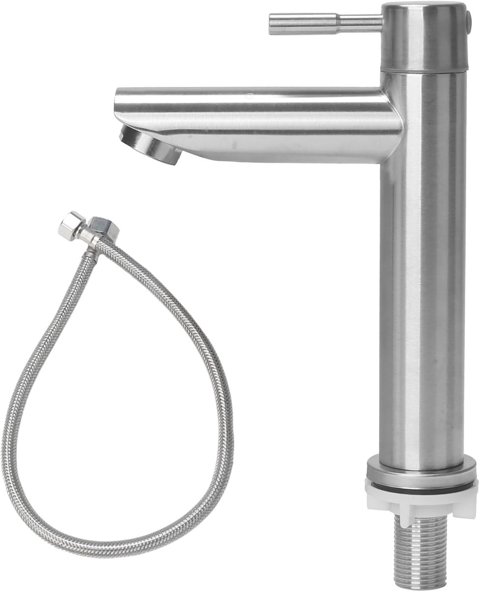 Kraan Roestvrij Staal Koudwaterkraan Gastentoilet met slang, Koud Waterkraan, Kraan Badkamer Koud Water, Koud Water Kranen met Uitloop (Zilver)