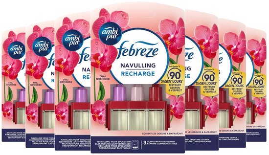 Febreze Ambi Pur 3volution Thai Orchidee navullingen. Verpakking met zeven geurverfrissers, elk met roze orchideeën en paarse, rode en gouden dopjes.