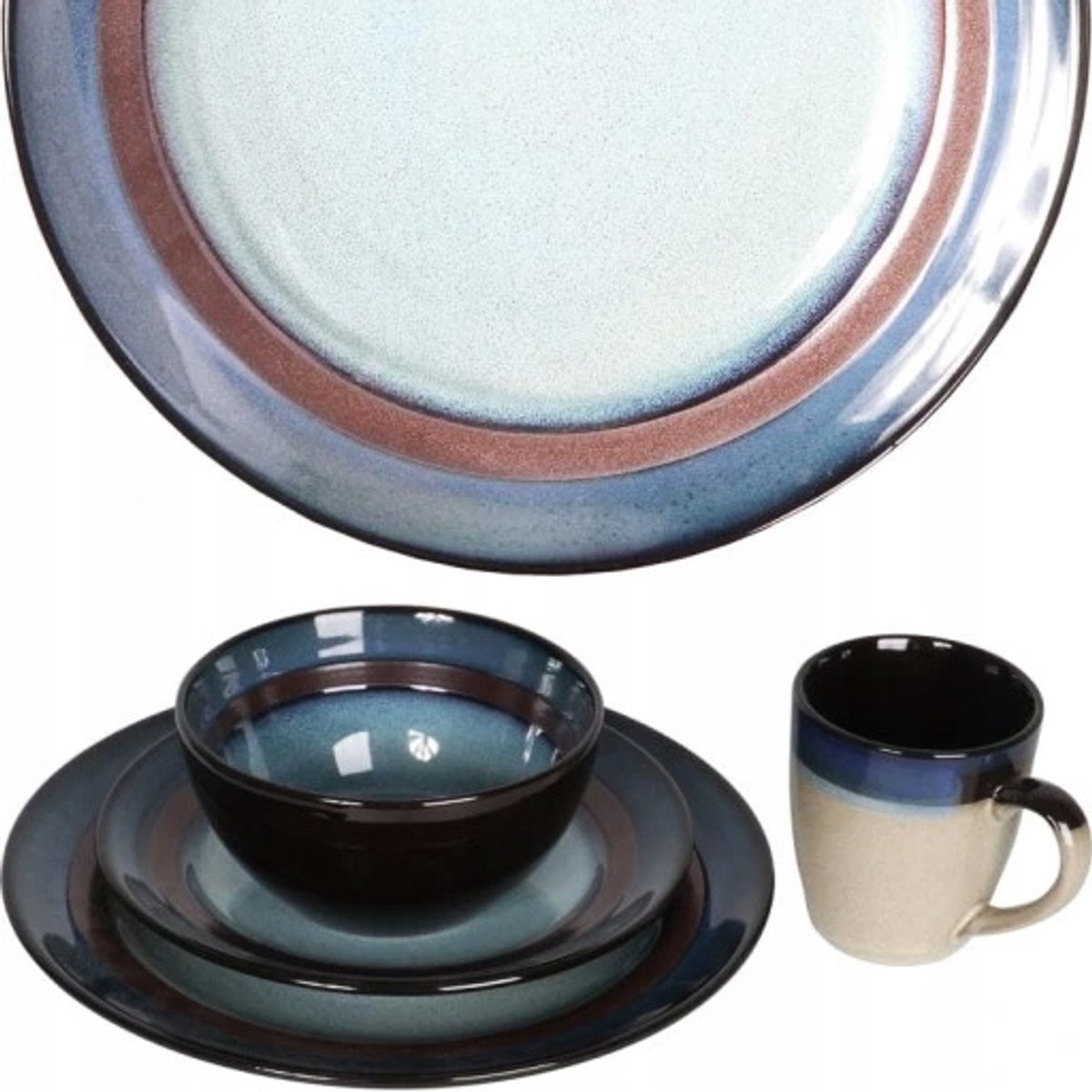Serviesset Bruin-Crème-Blauw: Diner, Dessert, Mok & Kom